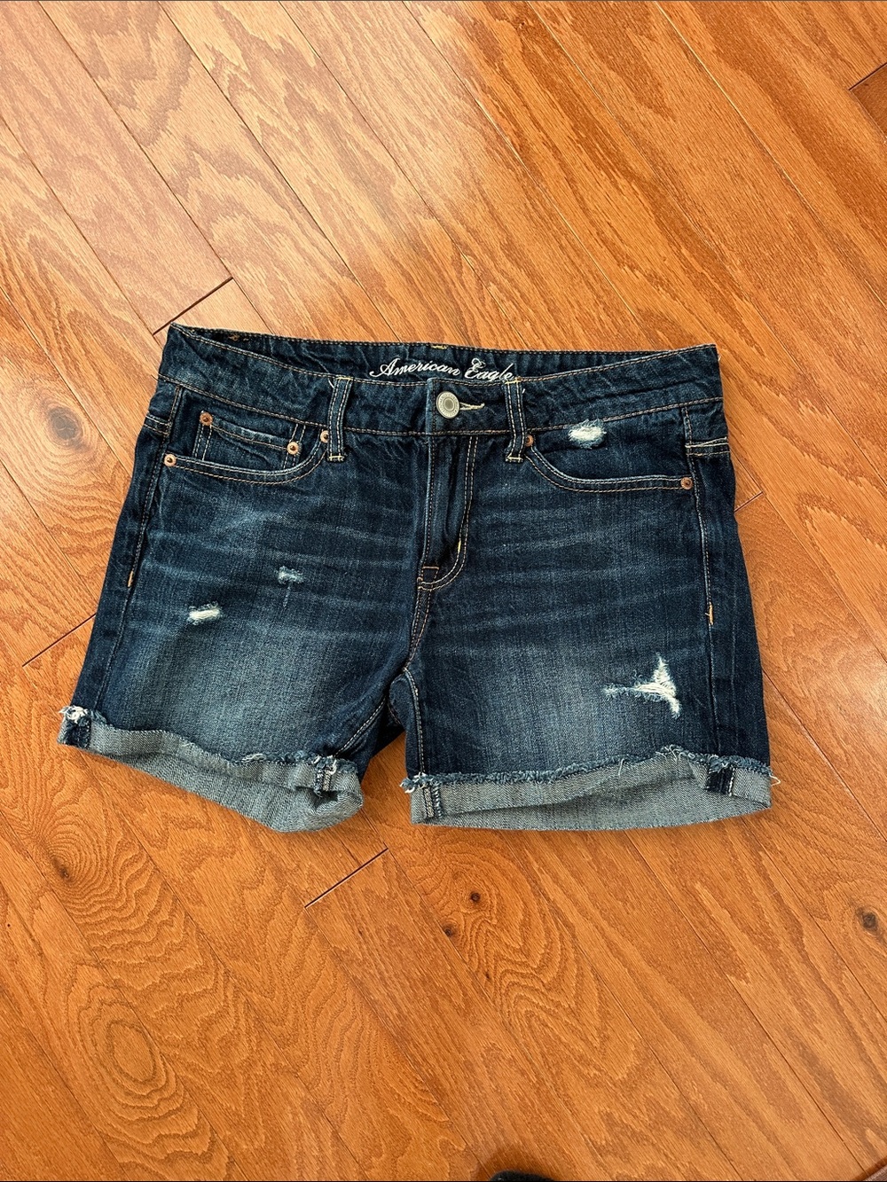American Eagle Outfitters Dark Blue Distressed Rolled Hem Jean Shorts
